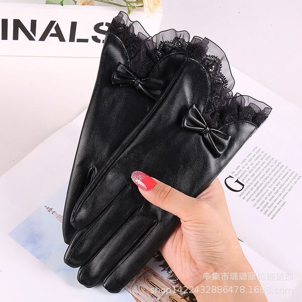 

gloves autumn and winter women' touch screen driving windproof anti-skid plush leather korean cute, Blue;gray