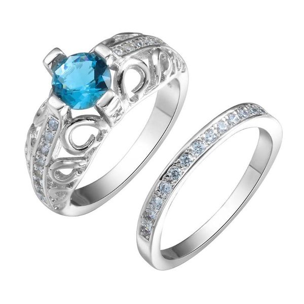

wedding rings hainon arrival silver color 2pcs ring sets with round sky blue cubic zirconia engagement jewelry gifts, Slivery;golden