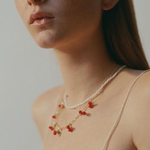 

chains fresh multilayer handmade pearl choker with rice bead fruit and cherry, Silver