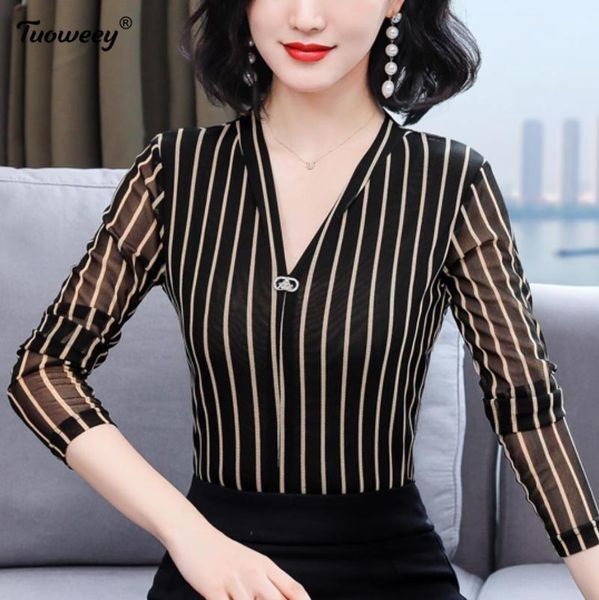 

women's blouses & shirts 2021 autumn fashion women office casual v-neck striped clothing long sleeve ol shirt, White