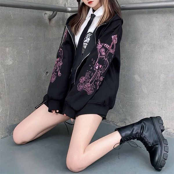 

women's jackets hoodie vintage black oversize coat sweatshirt 90s streetwear clothes jacket punk graphic print zipper ribbon hooded, Black;brown