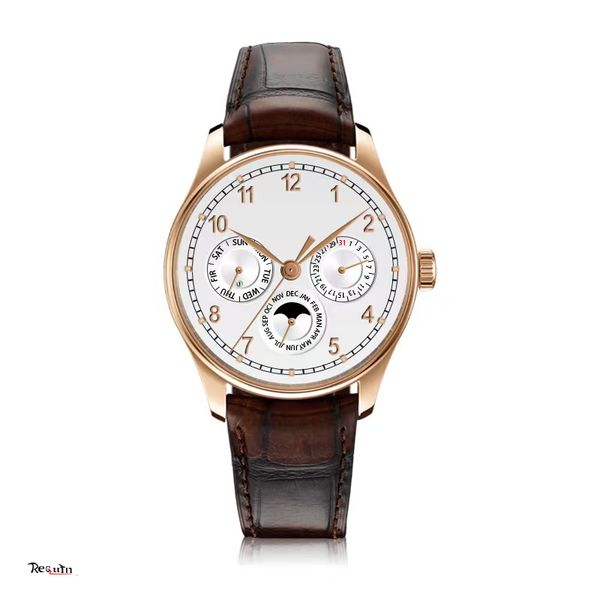 

men's automatic mechanical watch perpetual calendar gold stainless steel case brown strap moon phase white dial full working iw344202 r, Slivery;brown