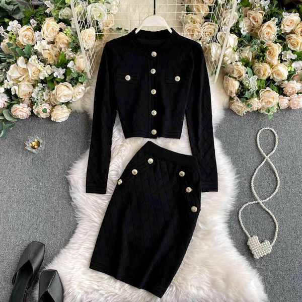 

two piece dress black long sleeve buttons sweater and skirt suits women knitted two piece set new autumn fashion ladies club o, White