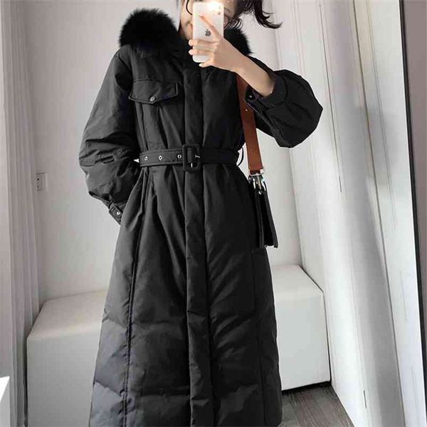 

winter women fox hair collar white duck down hooded waist closing temperament coat thick warm jacket with belt 210430, Black