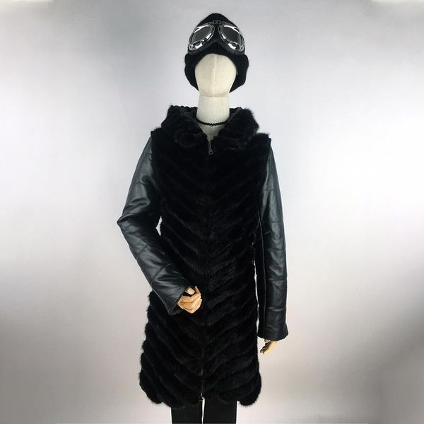 

women's fur & faux hooded warm female coat removable winter real mink coats sleeves long genuine leather jackets women natural, Black