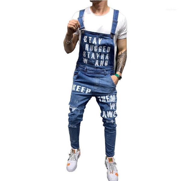 

men's jeans moruancle fashion men ripped denim bib overalls with holes workwear distressed jumpsuits suspender pants letter print1, Blue