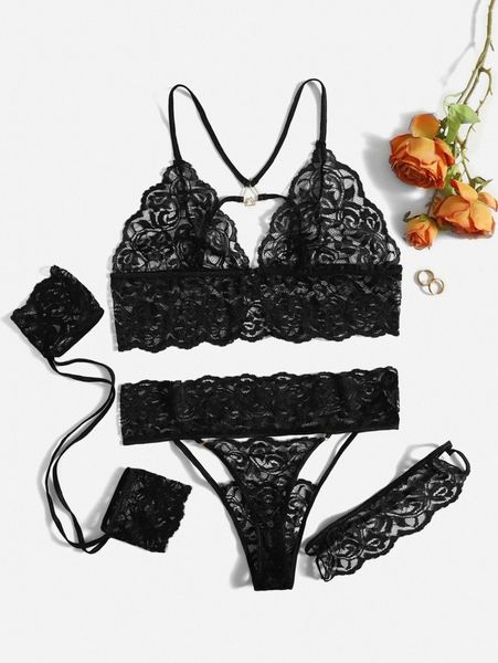 

3pack plus floral lace cut-out lingerie set & 1pair wristbands a01u#, Black;white