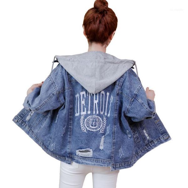 Damenjacken Mode Stickerei Jeansjacke Frauen Basic Mantel 2021 Frühling Vintage gebrochene Löcher mit Kapuze Denim elegante lose Bomberjacken1