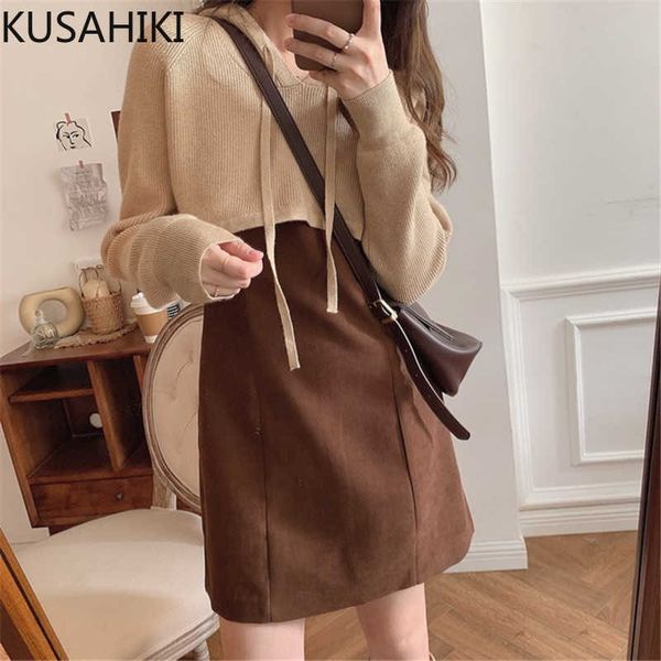 Mulheres Primavera 2Piece Conjuntos Drawstring Capuz Curto Pullover Sweater + Baisc Sling Dress Coreano Causal Roupas 6E649 210603