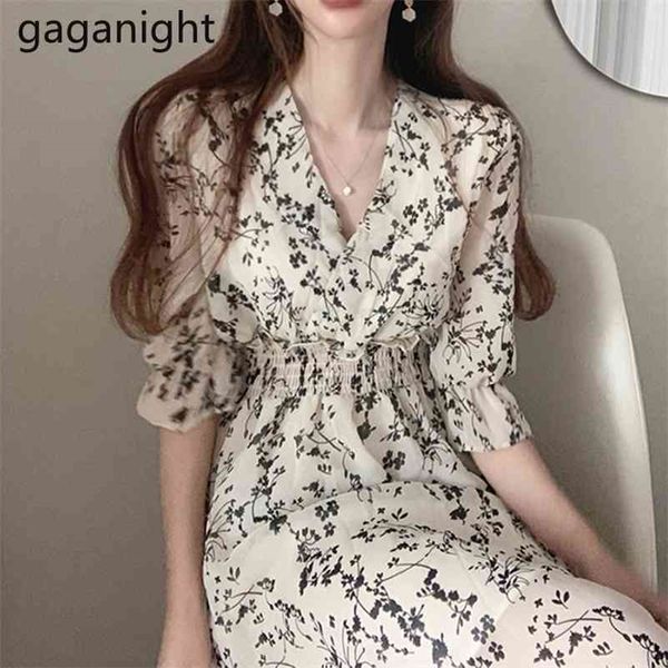 

gaganight women retro floral dress cross v neck wooden ear slim long vestido summer elegant chiffon short sleeve dresses femme 210323, Black;gray