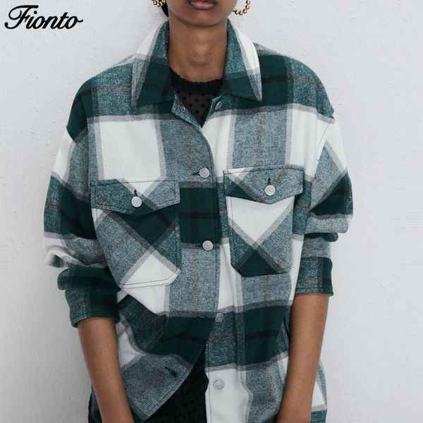 

women's blouses & shirts fionto vintage pockets oversized plaid blouse jacket coat women fashion lapel collar long sleeve loose outerwe, White
