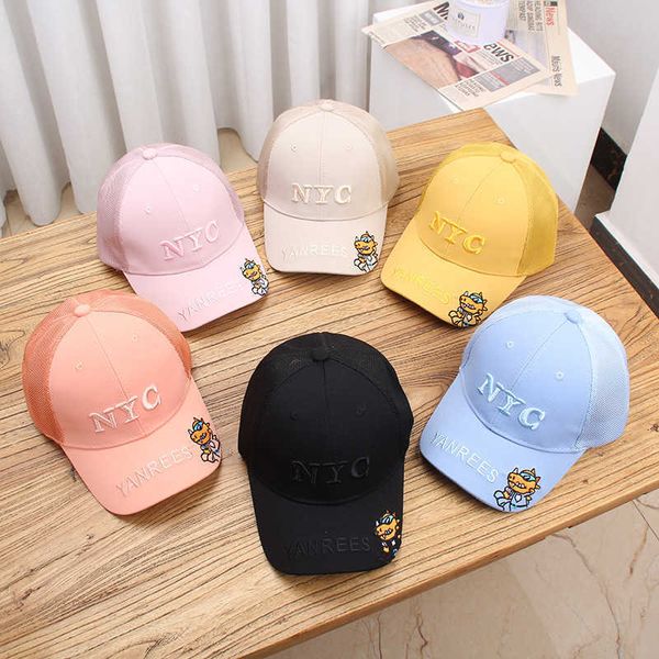 

children hat spring summer thin net sun korean embroidery letter cartoon dinosaur cap, Yellow