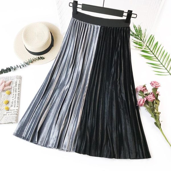 

skirts women pleated skirt party high waist gold velvet long faldas mujer midi saias warm plus size hit color bottoms jupe femme, Black