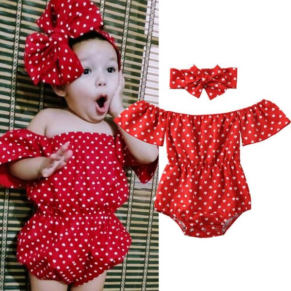 

rompers 0-24m born baby girls bodysuits headband off shoulder red polka dot print jumpsuit 2pcs outfits clothes, Blue