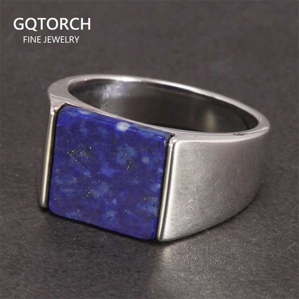 Solid 925 Sterling Silver Silver Lapis Lazuli AGATE Ring para Homens Gemstone Simple Clássico Masculino Jóias 211217