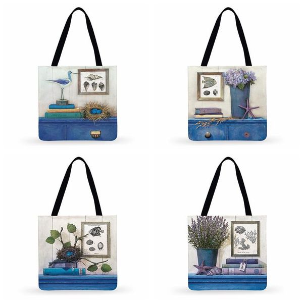 

shopping bags fish and bird vintage marin printed bag women casual tote ladies shoulder foldable fashion beach