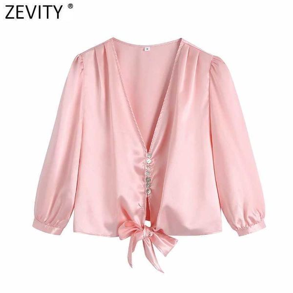 Zevidade Mulheres Elegante V Neck Hem Bowknot Casual Camisa Curta Curta Feminina Bufa de Suff Kimono Blusa Roupas Chic Cetim Tops LS9214 210603