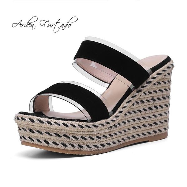 

slippers arden furtado 2021 summer high heels wedges platform open toe casual yellow slides, Black