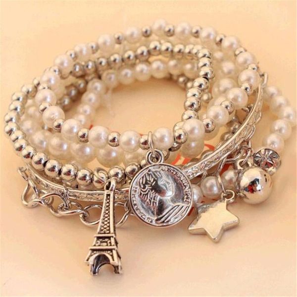 

link, chain women pearl of the eiffel tower multilayer female bracelets jewelry fsshion vintage coin combination, Black
