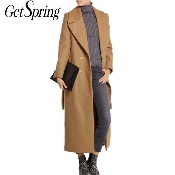 

getspring women coat winter wool coats jacket black gray red wine camel bandage long woolen fashion 210601
