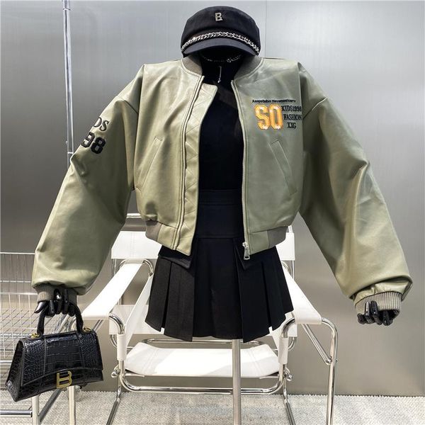 

women's jackets brand original design embroidered lettered print loose casual stand collar versatile jacket cool fashion leather bomber, Black;brown