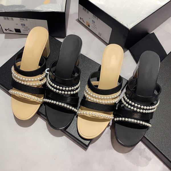 

summer 2020 new ladies high-heeled sandals leather pearl one-strap sandals, Black