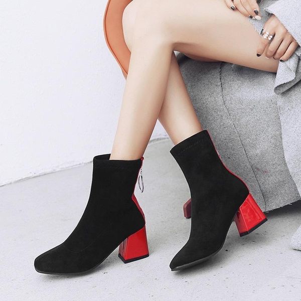 

boots square head color matching elastic autumn and winter high heels show thin korean version zipper, Black