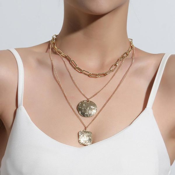 

pendant necklaces vintage punk multilayer choker suqare round coin chain necklace for women hip hop gold color collar fashion jewelry gift, Silver