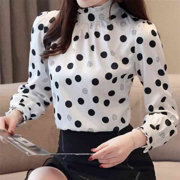 

plus size autumn fashion women chiffon shirts long sleeve polka dot ruffless women blouses casual stand collar women 210323, White