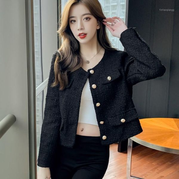 

women's jackets korean fashion autumn women vintage tweed o-neck long sleeve golden buttons elegant office lady casual outwear, Black;brown