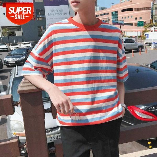

net red shirt men's short-sleeved super harajuku style wild trend striped loose hong kong #zb0w, White;black