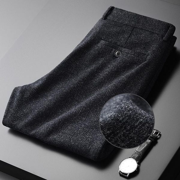 

men's pants minglu yarn dyed wool men luxury solid color slim fit male suit autumn and winter thick keep warm man trousers, Black