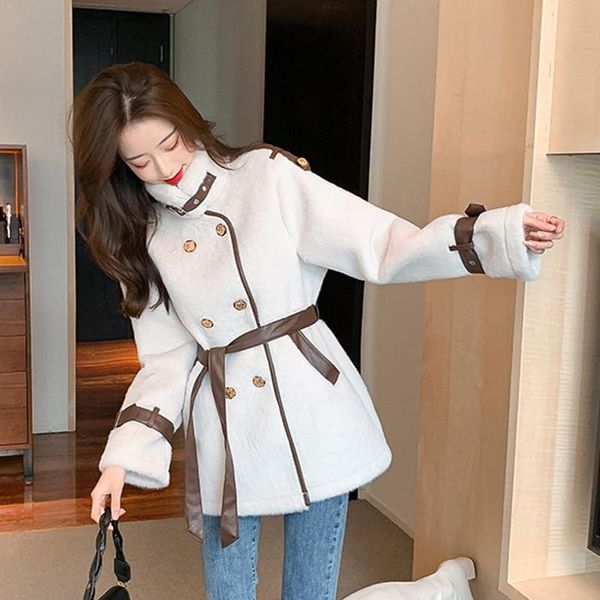 

women's fur & faux mink hair chic turtleneck thick coat for women winter warm long sleeve double breasted jacket ladies, Black
