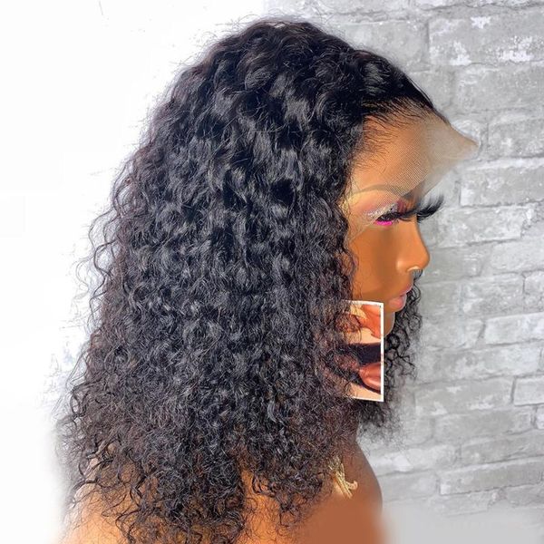 

hair closure t part wig kinky curly 150% lace middle human wigs with baby brazilian remy for women, Black