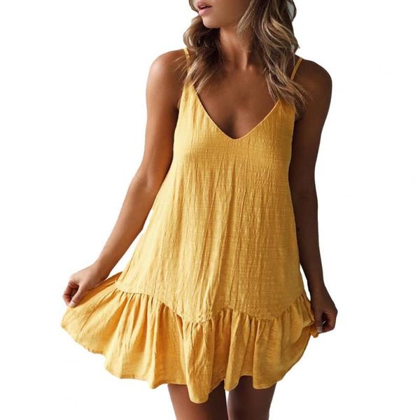 

casual dresses women dress solid color sleeveless deep v neck ruffle hem mini female loose sundress beach for ladies, Black;gray