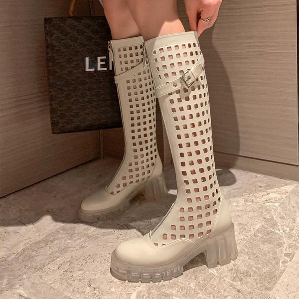 

boots 2021 summer cool long women hollow outs genuine leather handsome leisure knee high botas mujer shoes woman, Black