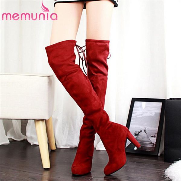 

boots memunia 2021 thigh high women flock round toe heels party prom shoes ladies over the knee female, Black