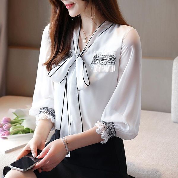 

women's blouses & shirts blusas femininas elegante bow v-neck 2021 autumn lantern long sleeve white shirt chiffon blouse 518f