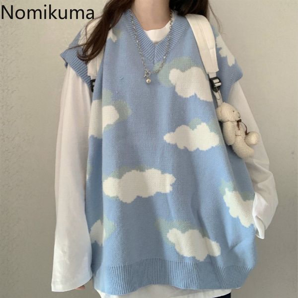 

nomikuma autumn winter knitted sleeveless pullover causal v-neck oversized women sweater korean cloud pull femme 6c799 210427, White;black