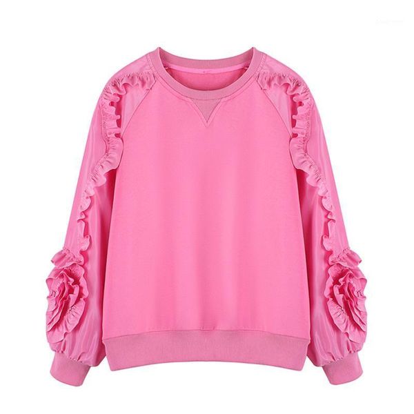 

women's hoodies & sweatshirts [ewq] 2021 autumn loose edge stitching three-dimensional flower decoration round neck pullover sweatshi, Black