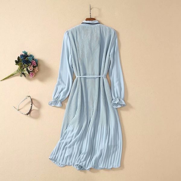 

dresses chiffon spring summer women bow collar string belt patchwork 3/4 sleeve knee length black blue, Black;gray