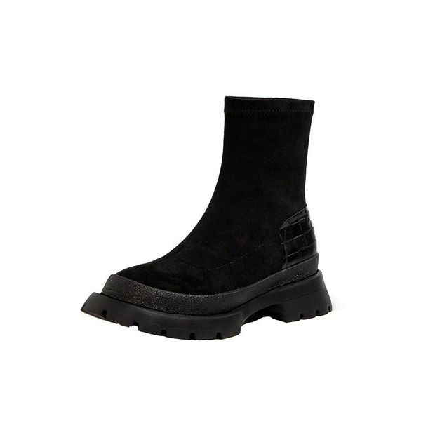 

female fashion slip on low heel sewing flock platform boots women's casual comfortable style black shoes hm050