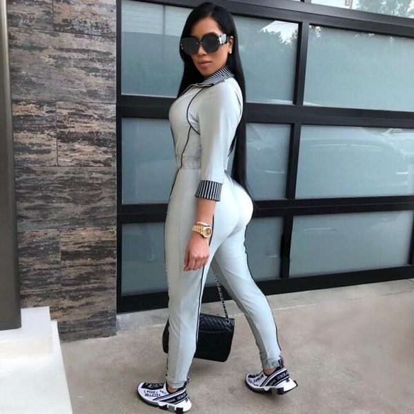 

women's jumpsuits & rompers jumpsuit slim v-neck clubwear striped zipper bodycon overalls autumn 2021 women bodysuit long sleeve romper, Black;white