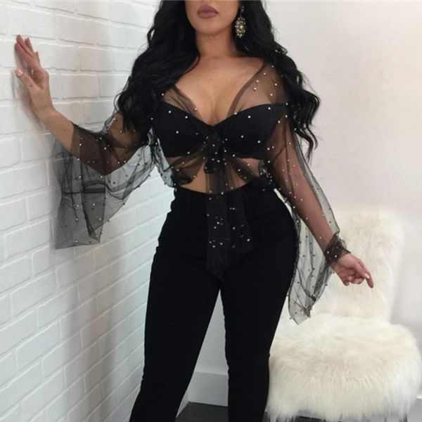 

women's blouses & shirts black white long sleeve sheer blouse for women fashion mesh pearl beading see-through party bow tie and