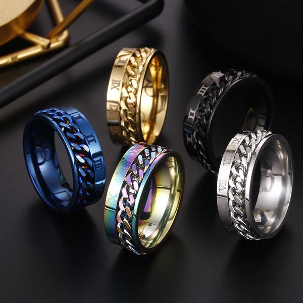 316L titanio acero inoxidable número romano banda hombres anillo cadena rodante anillos de dedo para hombres mujeres precio al por mayor