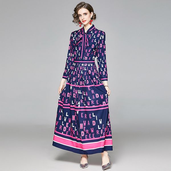 

luxury runway bow blue maxi dress women fashion designer printed long prom pleated dresses long sleeve business party office spring fall bea, Black;gray
