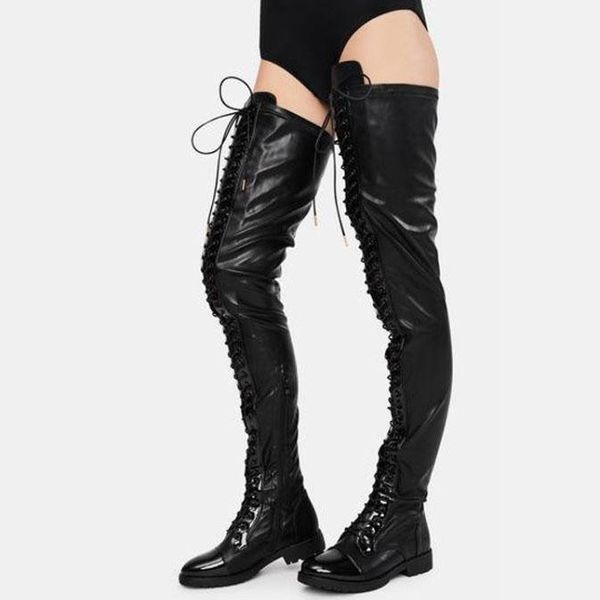 

boots sizes custom lace up over the knee women boot flat thigh high women's plus size 45 round toe flats shoes, Black