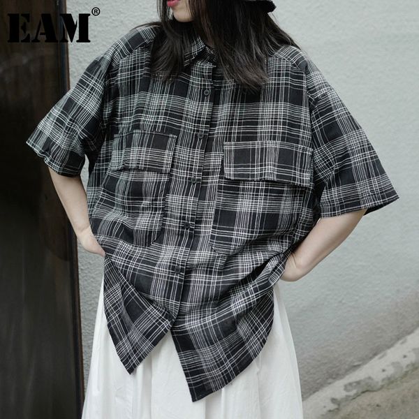 

[eam] women blacl plaid big size blouse lapel three-quarter sleeve loose fit shirt fashion spring summer 1dd7767 21512, White