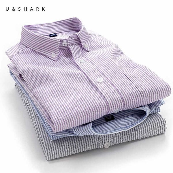 Ushark gestreiftes Hemd Männer Langarm Slim Fit Formale Business Baumwolle Oxford Herren Kleid Hemden Blau Grau Soziale Kleidung Männlich 210603