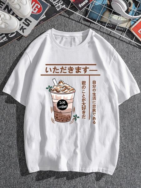 

men japanese letter graphic and coffee print tee c36r#, White;black